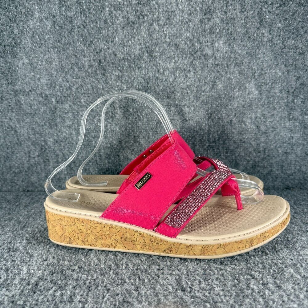 Bzees Bora Bright Sandals Womens 9 Pink Wedge Rhinestone Thong Strappy Comfort